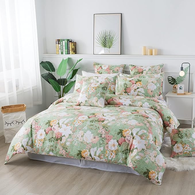 FADFAY Mint Green Floral Duvet Cover Set 100% Cotton Farmhouse Bedding Elegant - Image 8