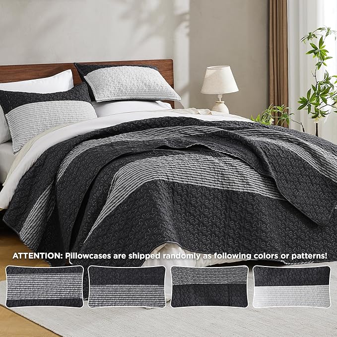 Andency Oversized King Quilt Set Black White, 128x120 Stripe Bedspread Coverlet - Image 7