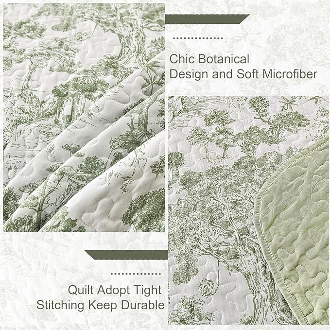 WONGS BEDDING Botanical Quilt Set Full Size, Sage Green 3 Pieces Toile Floral - Image 5