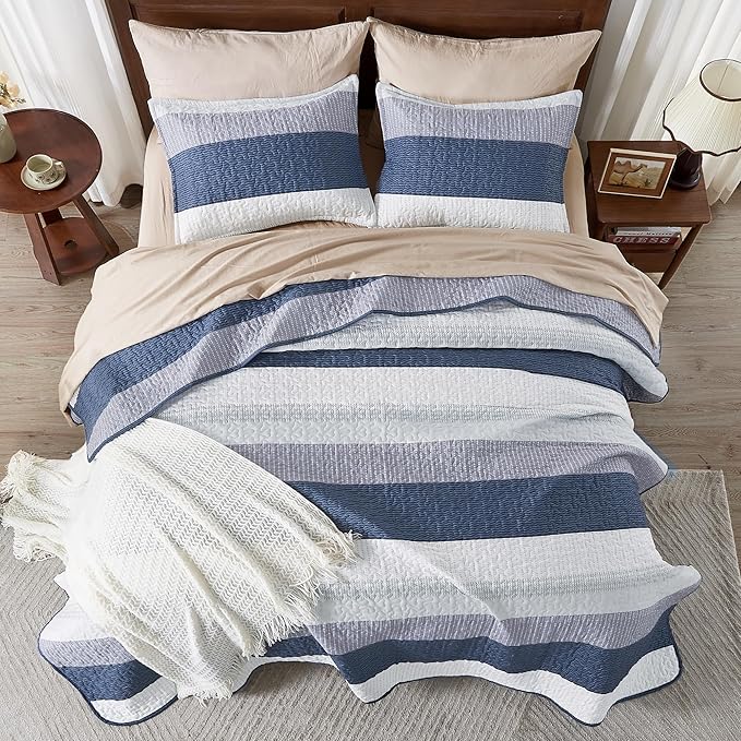 Andency Oversized King Quilt Set Mineral Blue, 128x120 Stripe Bedspread - Image 6