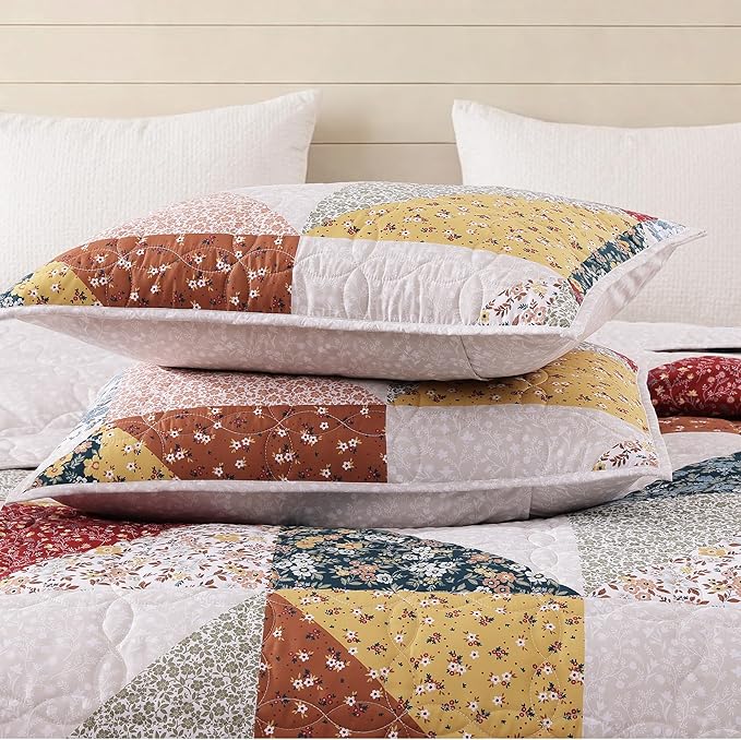 BLOOMHAVEN Quilt Set King Size, Patchwork Burnt Orange Floral Quilt Sets - Image 5