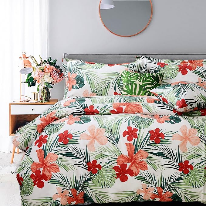 FADFAY Hawaiian Style Red Hibiscus Palm Leaves Tropical Duvet Cover Set Summer by CottonWorldSweetDream