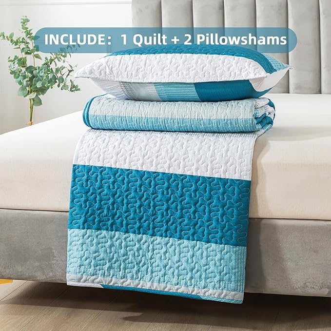 Andency Teal and White Striped Quilt King, 3 Pieces Patchwork Bedspread - Image 7