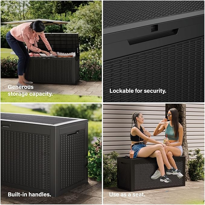 100 Gallon Outdoor Storage Box Waterproof Lockable Resin Deck Box Large, Patio Storage Bin for Pool Accessories Cushion Furniture, Garden Tools, UV-Resistant Outside Delivery Black-DeskoryOffice