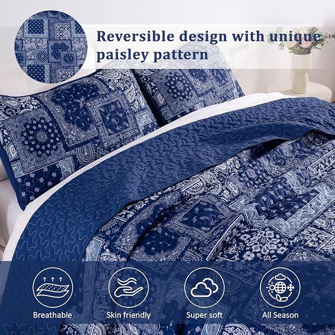 Cottolester King Quilt Set 3 Pieces, Boho Farmhouse Bedspread Soft Microfiber - Image 3
