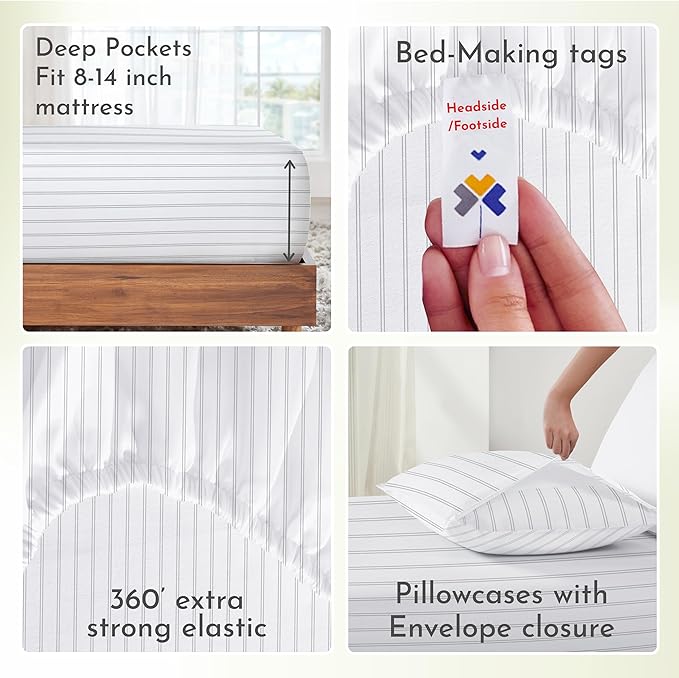 California Design Den Stripe Sheets Queen Size, 100% Cotton Sateen Printed - Image 7