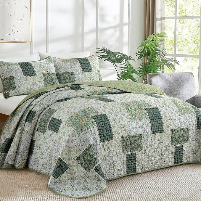 Xruibed Patchwork Quilt Set Queen Size 3 Pieces Green Floral Plaid Bedspread - Image 2