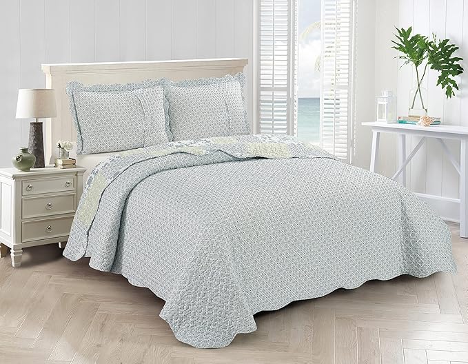 Brilliant Sunshine Multi Blue and Beige Floral Patchwork, 3-Piece Quilt Set - Image 6
