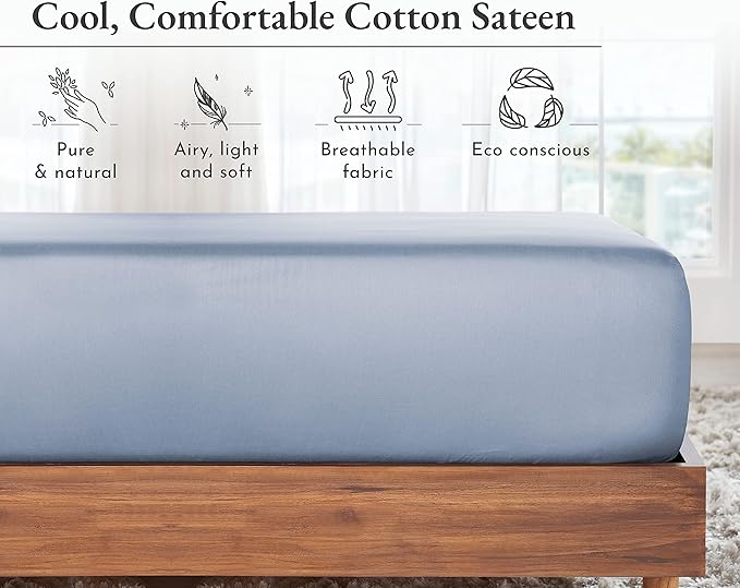 California Design Den Fitted Sheet Queen, Soft 100% Cotton Sateen, Deep Pocket - Image 6