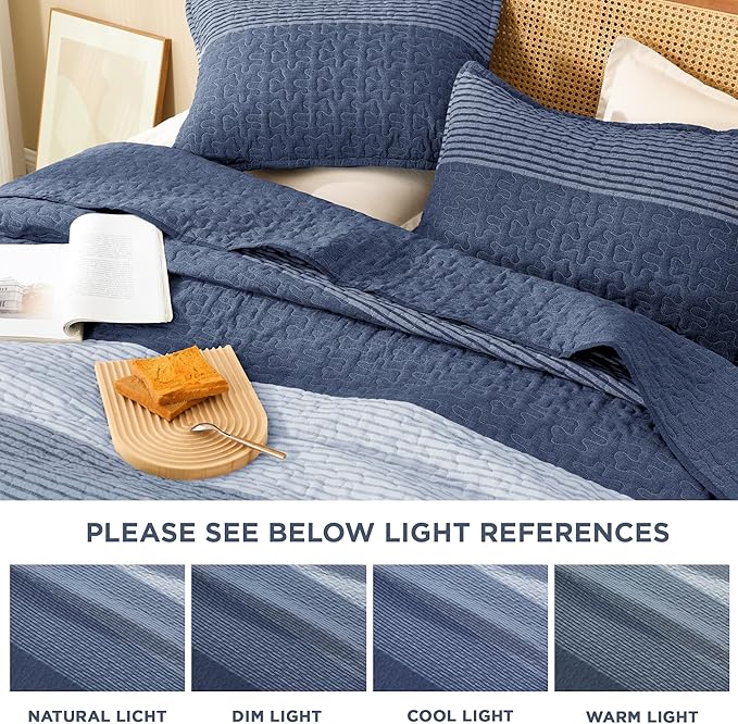 Litanika Oversized King Quilt Set Sapphire Blue, 120x120 Stripe Bedspread - Image 6