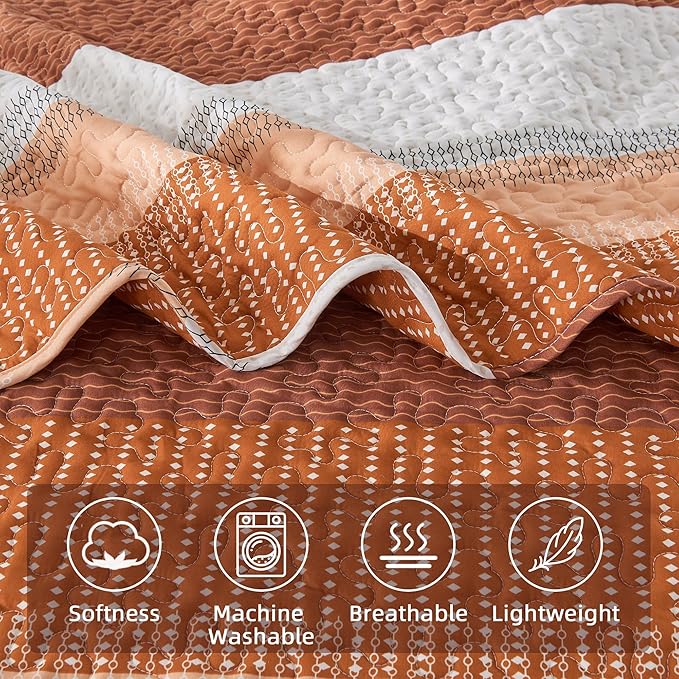 Andency Orange Quilt King, 3 Pieces Patchwork Striped Bedspread Coverlet Set - Image 5