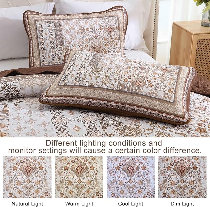 WONGS BEDDING Brown Quilt Set Queen Size, Bobo Floral Bedspread Coverlet Set - Image 5