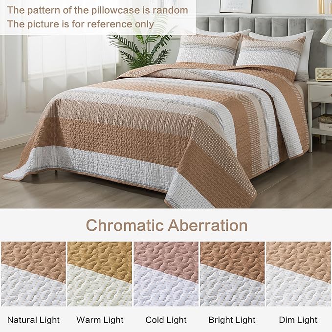 Andency Taupe Striped Quilt Set Cal King, 3 Pieces Patchwork Bedspread Coverlet - Image 8