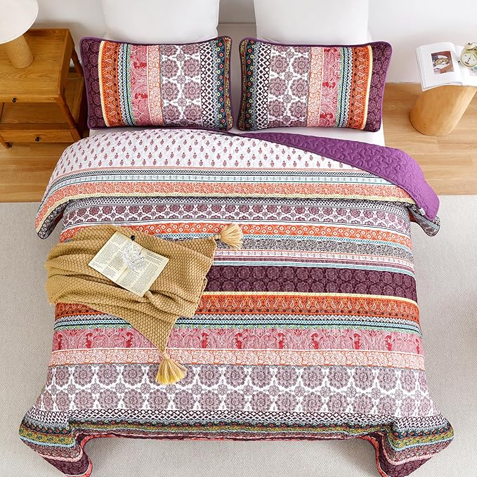 WONGS BEDDING Boho Quilt Set Queen Size, Lightweight Soft Microfiber Bedding Set - Image 3