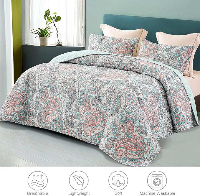 Exclusivo Mezcla Reversible Boho Quilts Queen Size, Aqua Bedspreads Lightweight - Image 2