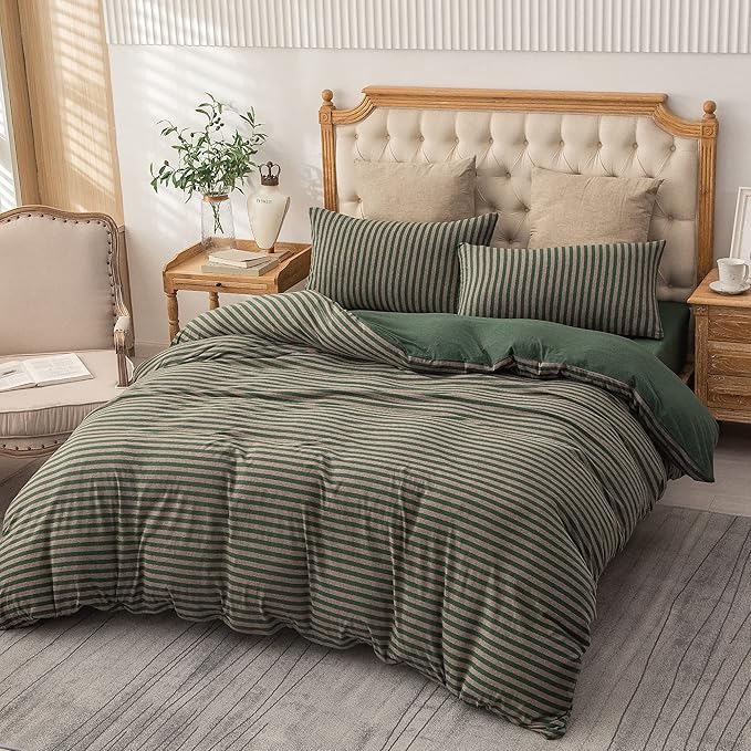 PURE ERA Forest Green Stripe Jersey Duvet Cover Set King Size 100% T-Shirt - Image 5