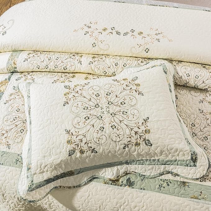 ROOMLIFE Quilt Set Full/Queen Size 3D Floral Embroidery Pattern 3-Piece Cotton - Image 8