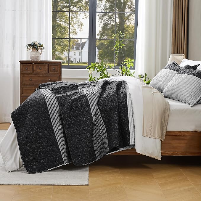 Andency Oversized King Quilt Set Black White, 128x120 Stripe Bedspread Coverlet - Image 5