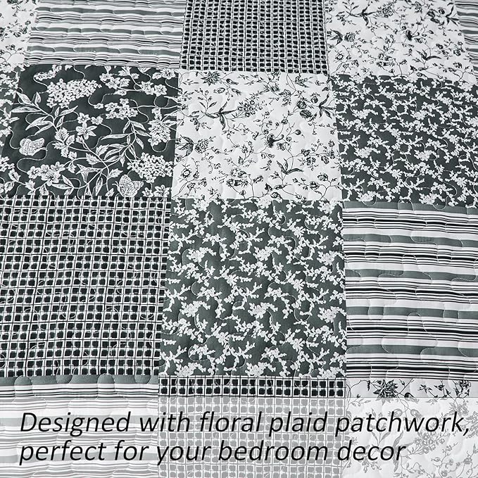 Mybedsoul Black Grey Boho Quilt Set Queen Size, 3 Pieces Plaid Floral Bedspread - Image 4