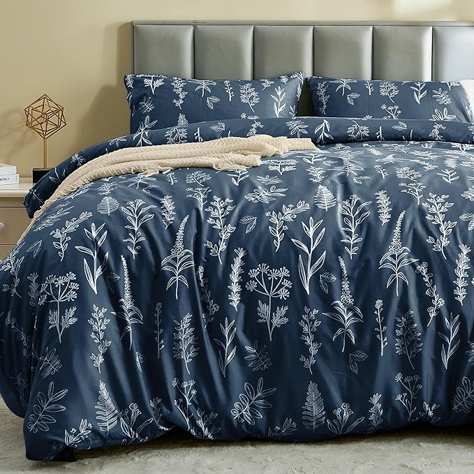 MUXHOMO Duvet Cover Full Size, Reversible Floral Navy Duvet Cover Set by MUXHOMO