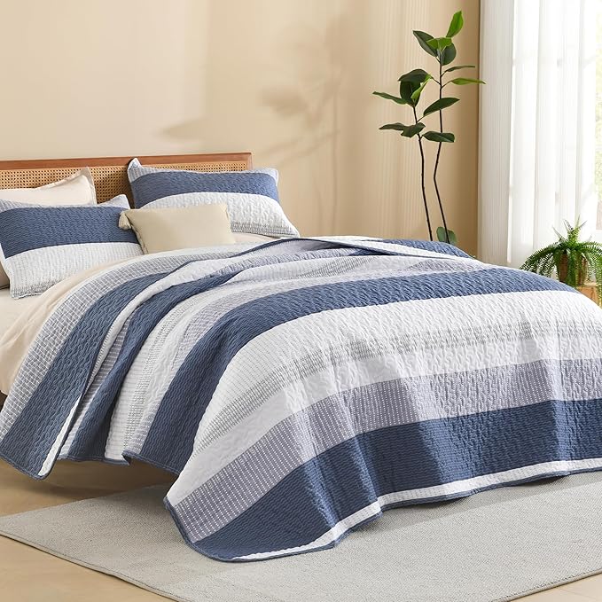 Litanika Oversized King Quilt Set Mineral Blue, 120x98 Stripe Bedspread by Litanika