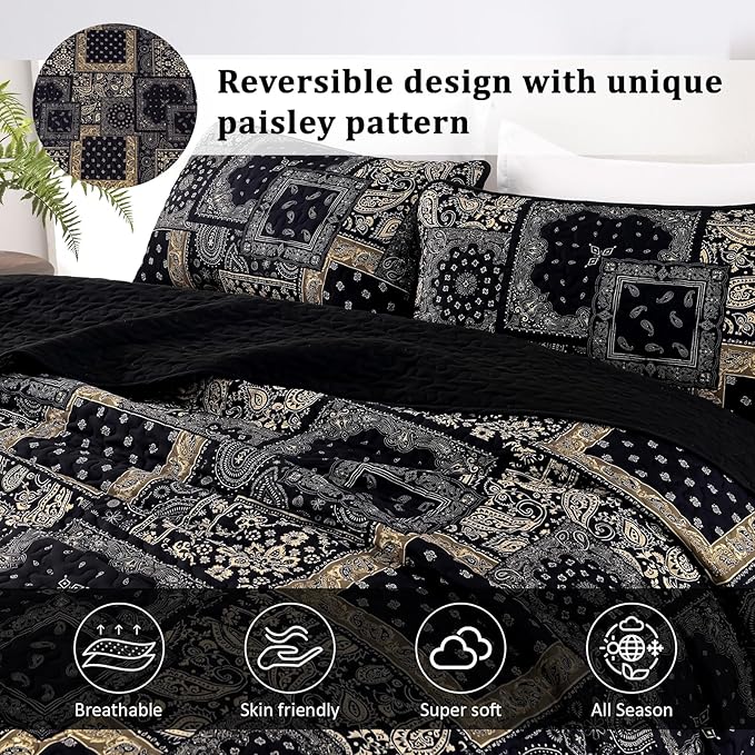 Cottolester Boho Patchwork Quilt Set Queen Size, Paisley Floral Bedding Set - Image 3