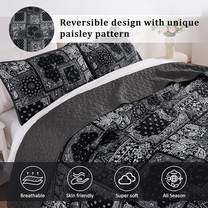 Cottolester Boho Patchwork Quilt Set Queen Size, Paisley Floral Bedding Set - Image 3