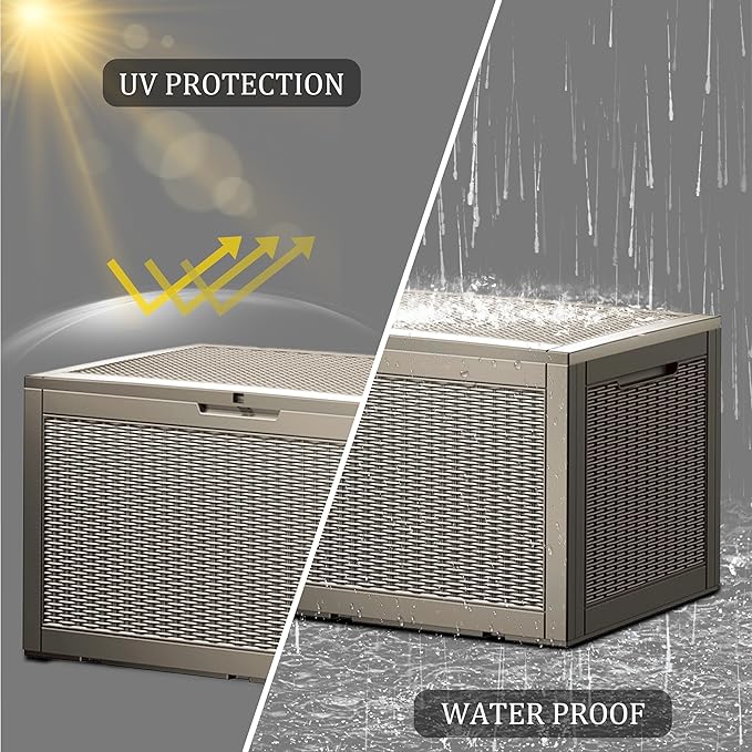 100 Gallon Lockable Resin Deck Box, Waterproof & UV-Resistant Outdoor Storage Box for Outdoor Cushion Storage, Garden Tools & Pool Accessories Storage, Gray-DeskoryOffice