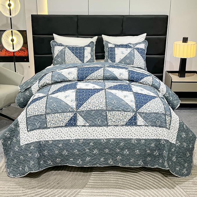 Full Queen Size Patchwork Quilt Set Grey Floral Reversible Quilted Bedspread - Image 2