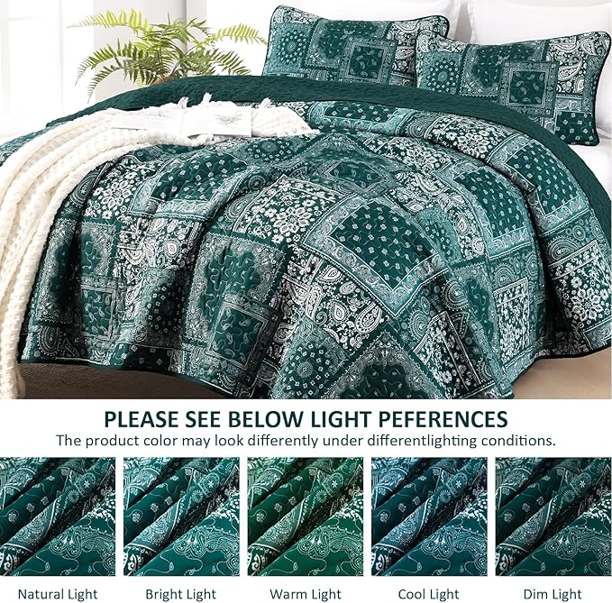 Cottolester King Quilt Set 3 Pieces, Emerald Green Patchwork Quilt Set - Image 6