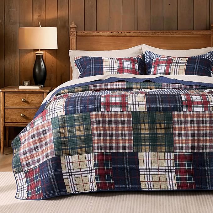 PPOLCA Patchwork King Quilt Bedding Set, Plaid Lightweight Reversible Bedspread by PPOLCA