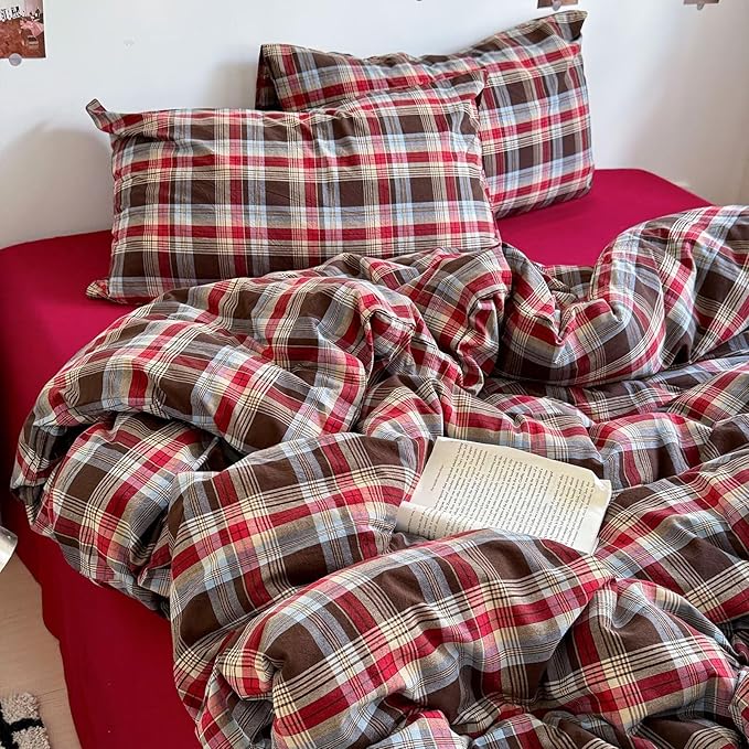 mixinni Vintage Red & Brown Buffalo Plaid Duvet Cover Set Twin Size - Image 2