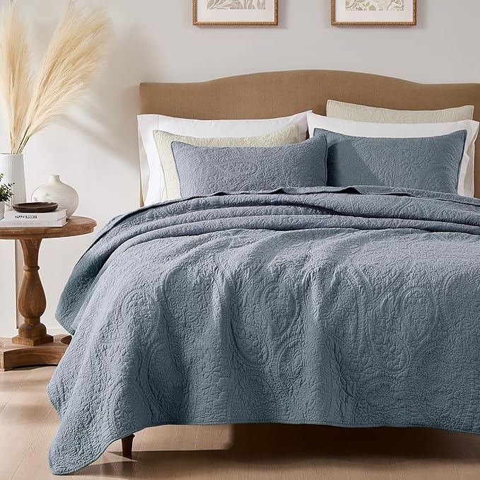 palassio Dusty Blue Paisley 100% Cotton Quilt Twin Size Bedding Sets by PALASSIO