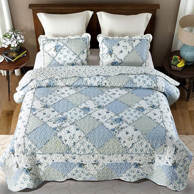 VIVILINEN Blue Floral Patchwork Quilt Set King Size Reversible Quilted Bedding - Image 3