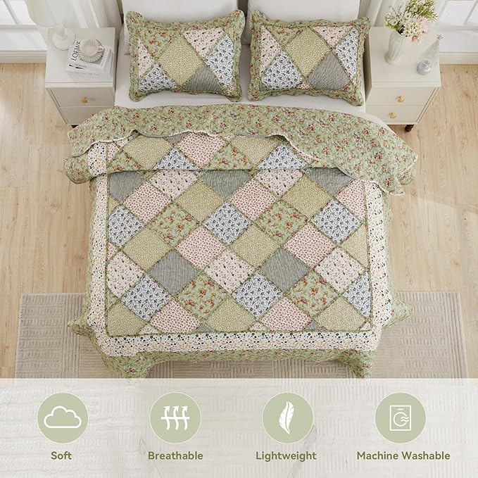 VIVILINEN Full Queen Size Green Patchwork Quilt Set Reversible Quilted - Image 3