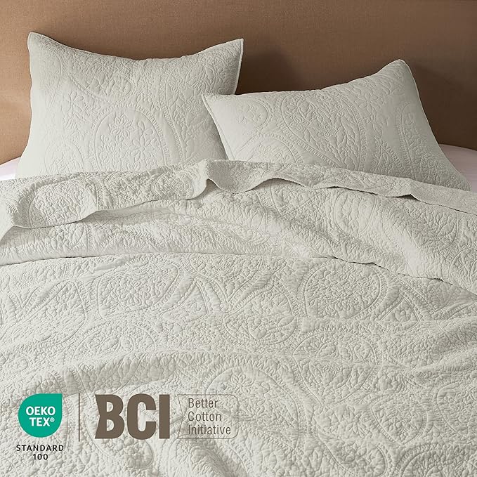 palassio Beige Paisley 100% Cotton Quilt King Size Bedding Sets - Image 3
