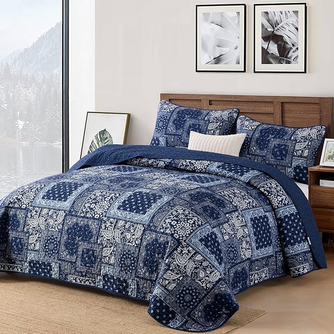 Cottolester Blue Patchwork Quilt Set King Size, Boho Navy Blue Quilt Set - Image 2