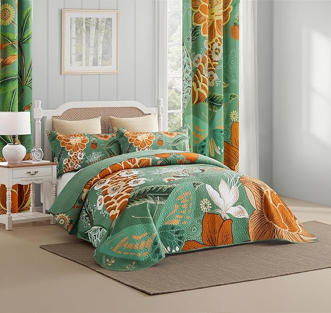 Tyrot 3 Piece Sage Green Boho Floral King Size Quilt Sets Farmhouse Botanical - Image 2
