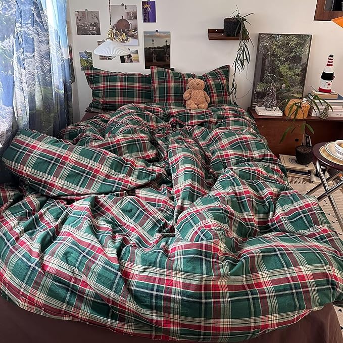 mixinni Vintage Green Buffalo Plaid Washed Cotton Duvet Cover Queen - Image 2
