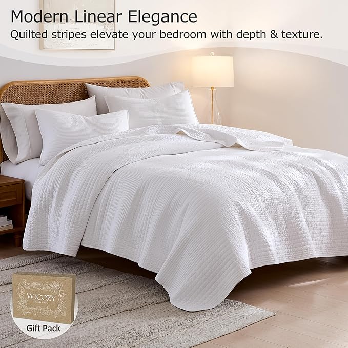 palassio Striped White 100% Cotton Quilt King Size Bedding Sets, Lightweight - Image 2