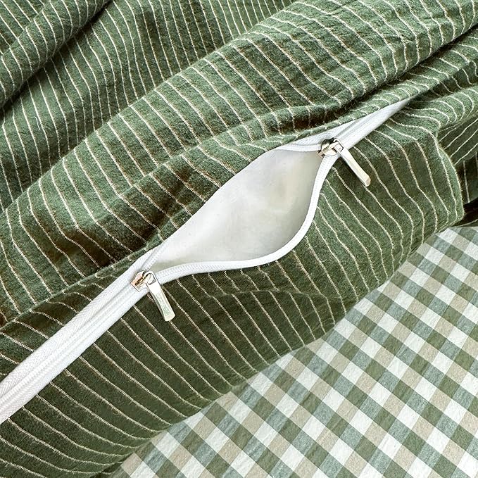 PinkMemory Green Striped Duvet Cover Queen 100% Washed Cotton Olive Green - Image 6