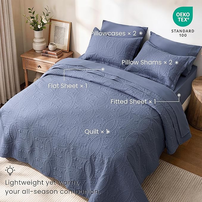 Love's cabin Queen Quilt Set Bluish Grey, Bed in a Bag Queen Bedding 7 Pcs - Image 2
