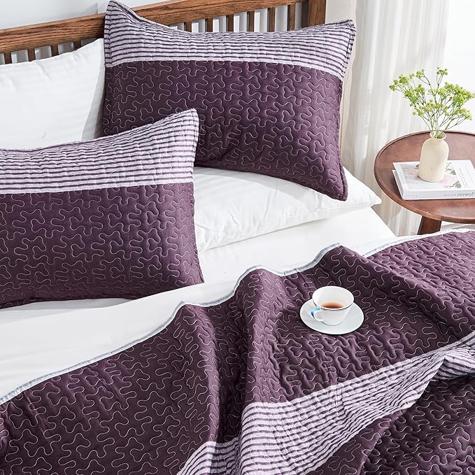 Andency Striped Quilt Set King, 3 Pieces Purple and Grey Striped Bedspread - Image 3