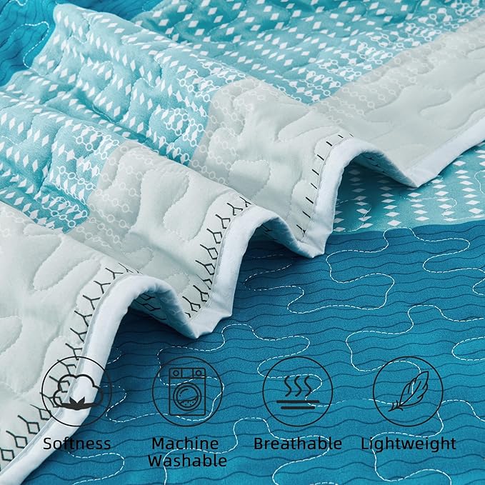 Andency Teal and White Striped Quilt King, 3 Pieces Patchwork Bedspread - Image 5