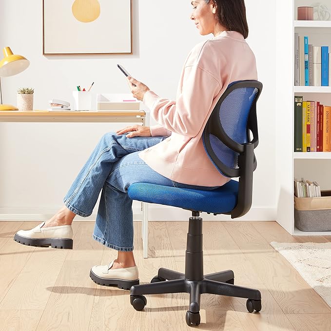 Amazon Basics Rolling Desk Chair, Adjustable, Low Back, Padded Seat, Breathable Mesh, Swivel, Blue, 21.25" D x 22.5" W x 38" H-DeskoryOffice