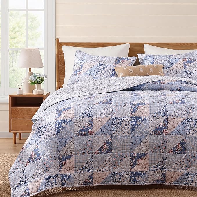 BLOOMHAVEN Quilt Set King Size, Patchwork Blue Pink Marigold Floral Quilt Sets by BLOOMHAVEN