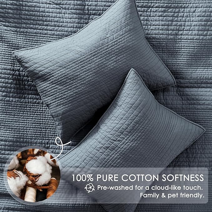 palassio Striped Blue Grey 100% Cotton Quilt Twin Size Bedding Sets, - Image 4