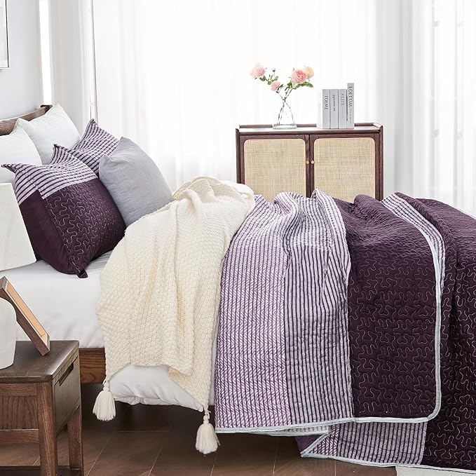 Andency Striped Quilt Set King, 3 Pieces Purple and Grey Striped Bedspread - Image 2