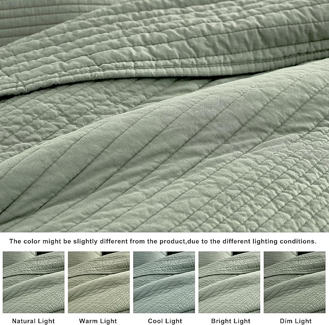 PALASSIO Striped Sage Green 100% Cotton Quilt California Cal King Size Bedding - Image 6