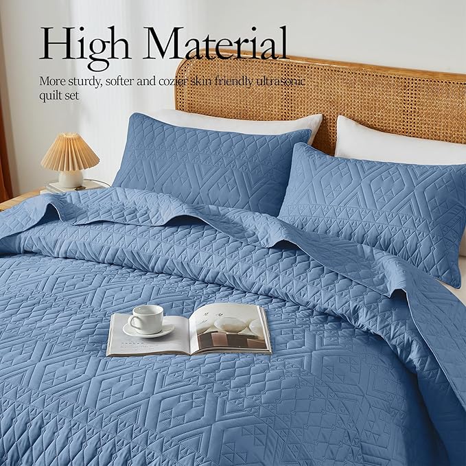 akkialla Twin Quilt Set, Boho Style in a Solid Color, Bluish Grey Lightweight - Image 3